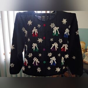 Festive Black Cardigan with Colorful Bows